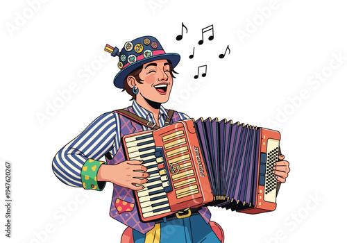 Joyful Musician Playing Accordion with Musical Notes Floating Above.