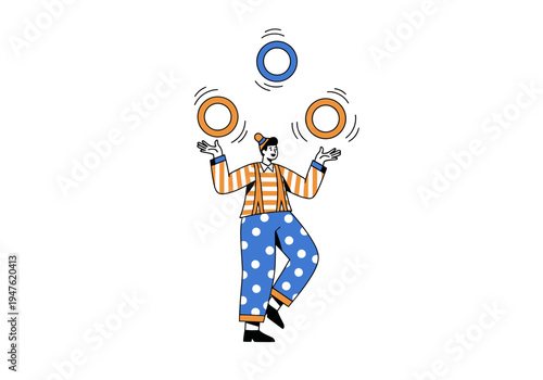 Clown juggling rings with skill and precision.