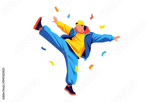 Energetic person dancing with confetti falling around them.