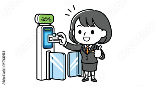 Businesswoman swiping access card at security turnstile, 'ACCESS GRANTED' displayed. Authorization and successful entry concept.