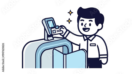 Cartoon man scanning access card at turnstile for entry. Contactless security gate access, ID verification, or payment system illustration.