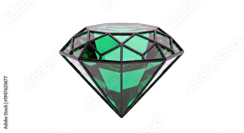 Green diamond gemstone with black facets on white background