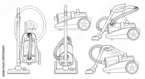 Vacuum Cleaner CAD Blueprint Vector – Household Appliance Technical Multiview Outline Drawing
