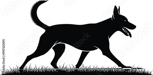 Black silhouette of dog walking on grass