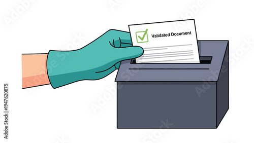 Validated Document Submission by Gloved Hand into Secure Box Illustration
