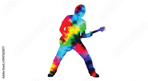 Dynamic vector illustration of a musician rocking out on an electric guitar in colorful abstract design.