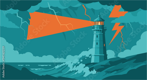A powerful lighthouse beam cuts through a dramatic stormy sea, illuminating the turbulent ocean waves and dark, ominous clouds with lightning.