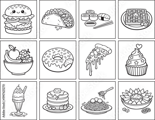 Yummy food coloring page icons set of burger taco sushi pizza waffle vector line art black illustration bundle set