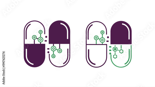 Two purple and green outline vector capsule icons depicting molecular structures, representing medicine, pharmacy, or scientific research concepts.