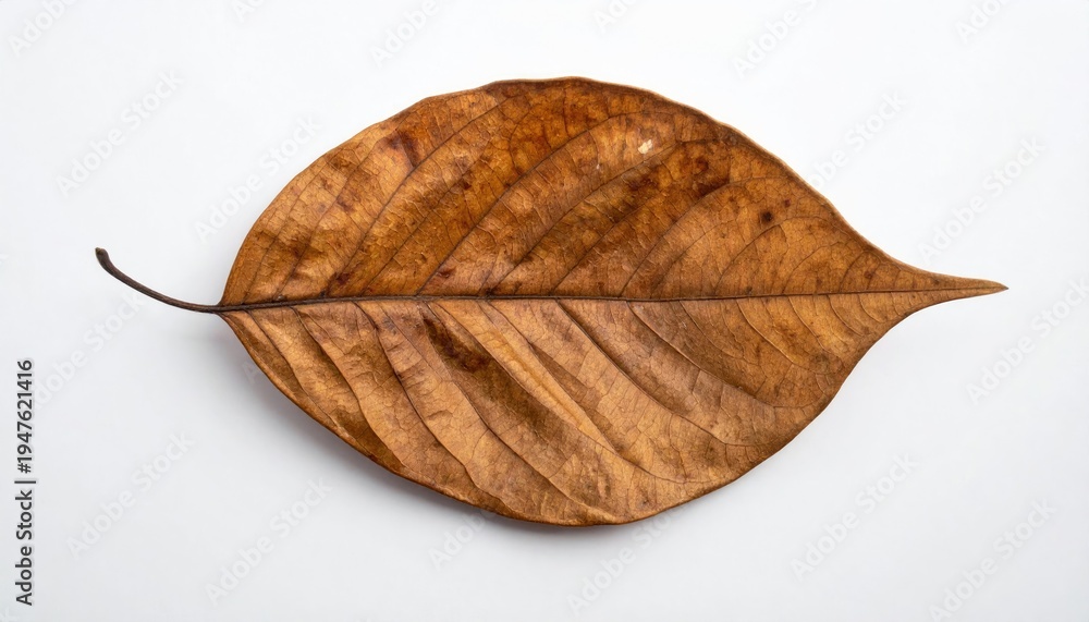 Fototapeta premium Withered brown leaf with textured veins on a white surface