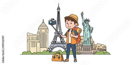 Man with backpack and camera exploring famous landmarks around the world