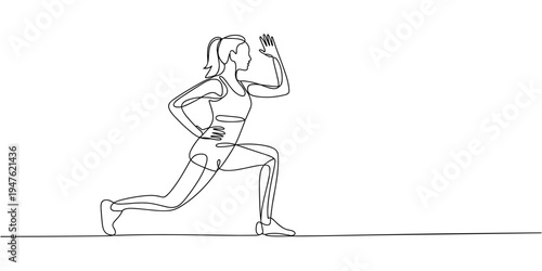 Single continuous line drawing of young sportive woman training low lunge pose in sport gymnasium club center. Fitness stretching concept. Trendy one line draw design graphic vector illustration