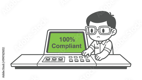 Cartoon man verifying 100% compliance on laptop screen, illustrating successful audit and standard adherence