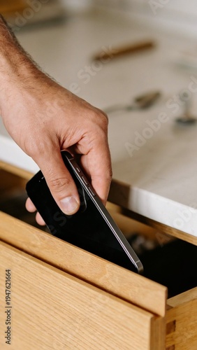 man hand putting tablet and phone into drawer digital detox