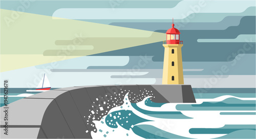 A vibrant illustration of a lighthouse casting its guiding beam across a stormy sea with a small sailboat navigating near the pier.