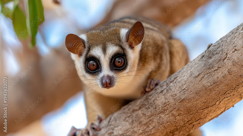 Fototapeta premium close-up of a brown and white slow loris with large round eyes perched on a tree branch.