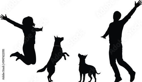 Black silhouettes of people jumping and dogs playing