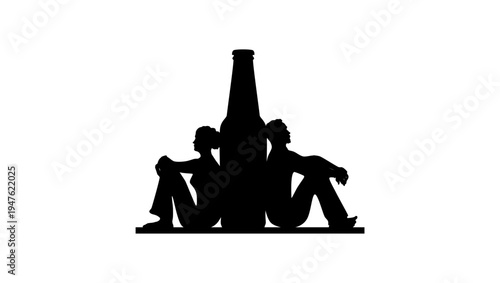 Beer bar symbol: a man and a woman sitting, leaning over a beer bottle, black isolated silhouette