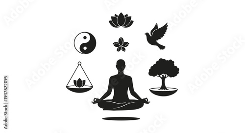 A serene silhouette of a person meditating in a lotus position, surrounded by symbolic elements representing peace, balance, and nature.
