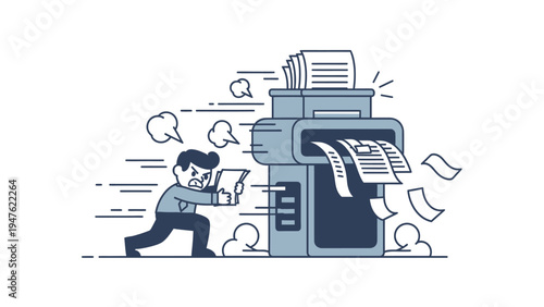Angry man furiously feeding documents into a fast paper shredder, symbolizing data destruction, information overload, and office stress.