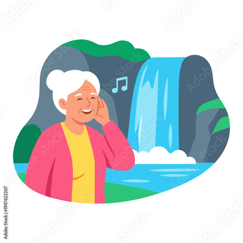 Elderly woman sings by serene waterfall in natural landscape