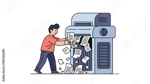 Man Shredding Documents in Office Paper Shredder - Data Destruction, Confidential Information Disposal, and Privacy