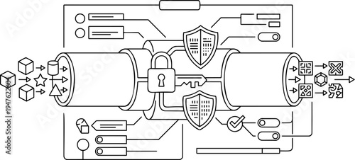 Line art vector of secure data pipeline, encryption tunnel and cybersecurity