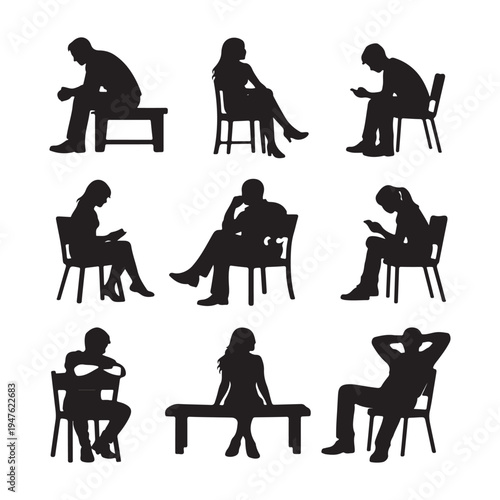 Silhouettes of Men, Women, and Teenagers Sitting on Benches and Chairs