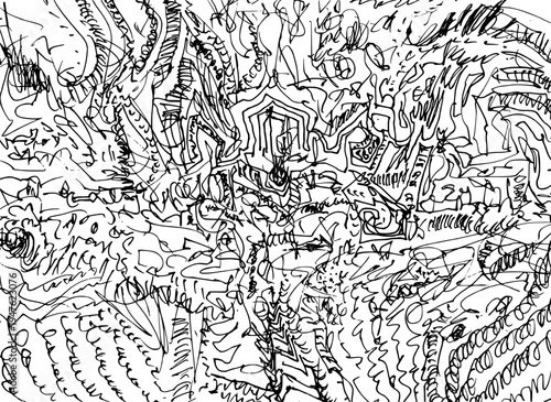 Hand-drawn monochrome line drawing with various organic shapes and complex lines filling the entire frame