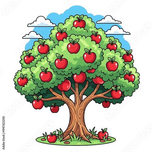 A cartoon apple tree with red apples.