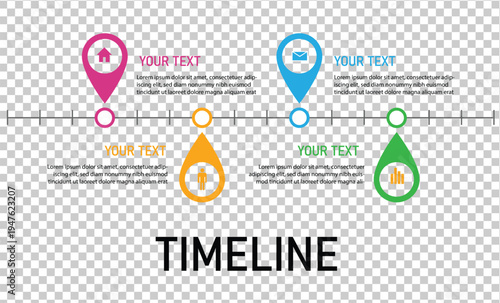 Colorful timeline infographic with location pins and text vector illustration
