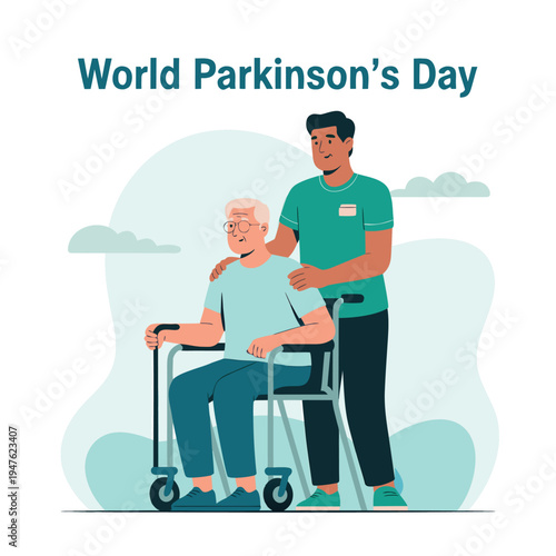 World parkinson s day illustration depicts a young caregiver supporting a senior man in a wheelchair