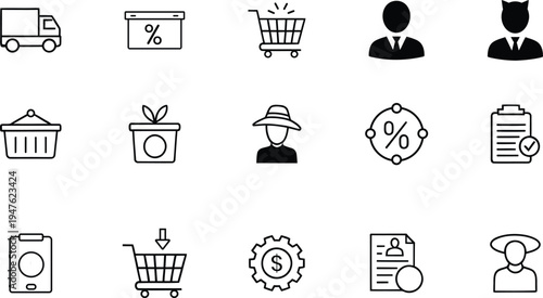 E commerce and business icons set in simple line style