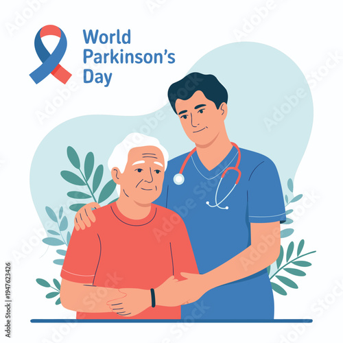 An illustration depicts a doctor supporting an elderly man raising awareness for parkinson s disease