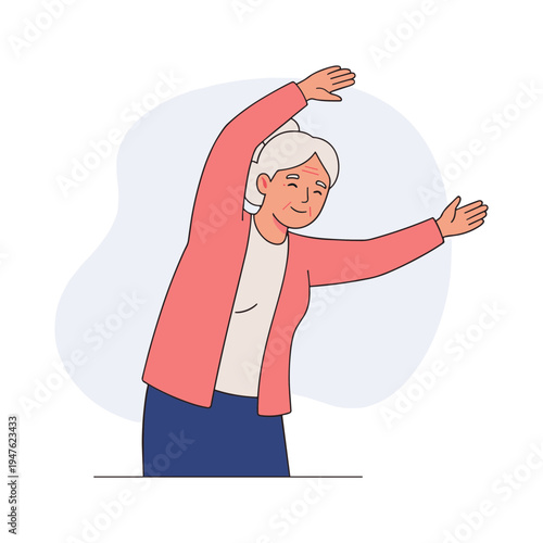 An elderly woman stretches her arms up and out in a yoga pose.