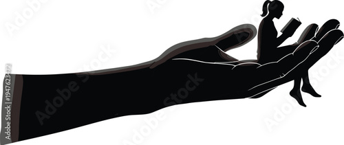 Silhouette of woman sitting on giant hand reading book