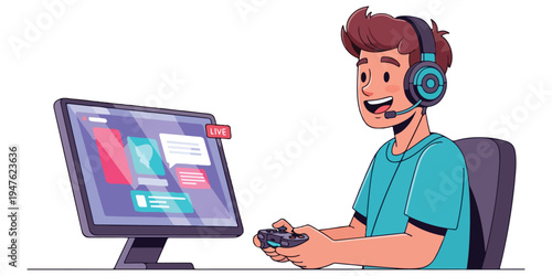 Young man playing video games online on computer with headset and controller