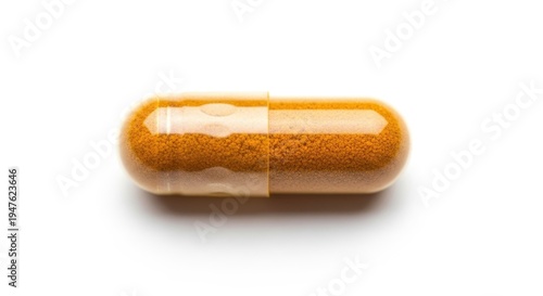 Single Turmeric Capsule on White Background for Health and Wellness.