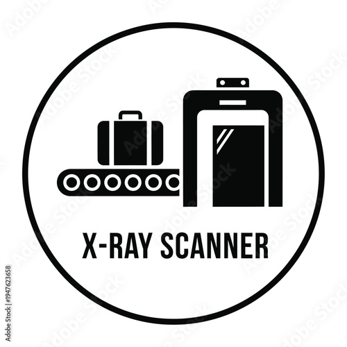 A circular black and white icon depicts an x ray scanner with luggage symbolizing airport security and travel inspection procedures high quality professional detailed modern elegant stylish