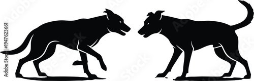 Two black dog silhouettes facing each other dogs white background