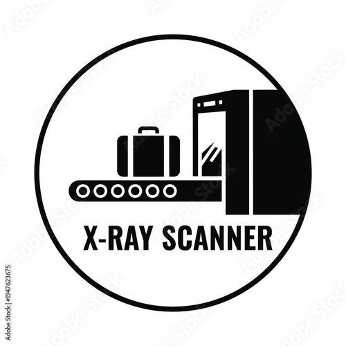 A circular black and white icon depicts an x ray scanner with luggage passing through conveying security and travel themes high quality professional detailed modern
