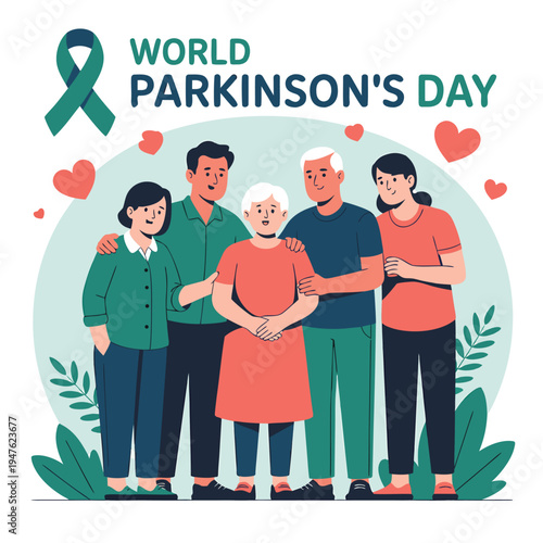 World parkinson s day illustration featuring a diverse group of people and a teal ribbon