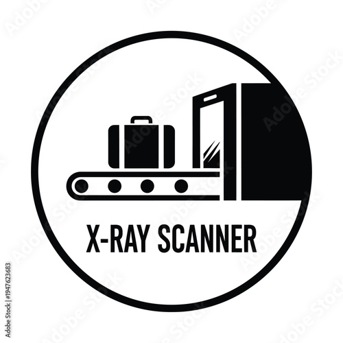 A circular black and white icon depicts an x ray scanner with a suitcase moving through it signifying security checks high quality professional detailed modern elegant stylish