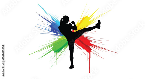 Powerful female silhouette in a high kick action with dynamic colorful paint splash vector illustration
