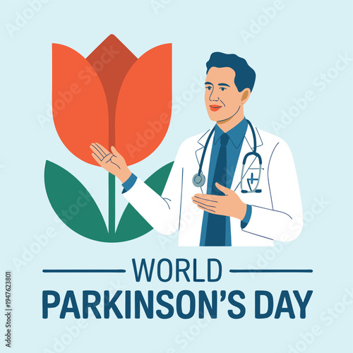 A doctor stands beside a large tulip promoting awareness for world parkinson s day