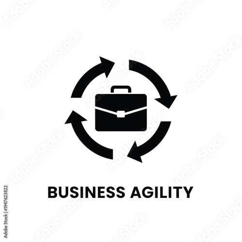 A sleek black and white graphic depicts a briefcase encircled by rotating arrows representing continuous business agility and workflow high quality professional detailed modern elegant stylish