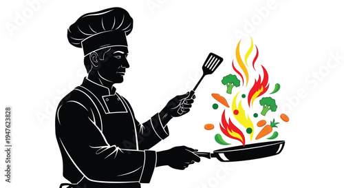 Silhouette vector graphic of a chef expertly tossing vegetables high in a hot frying pan during cooking