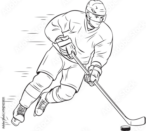 Line art vector hockey player skating with puck