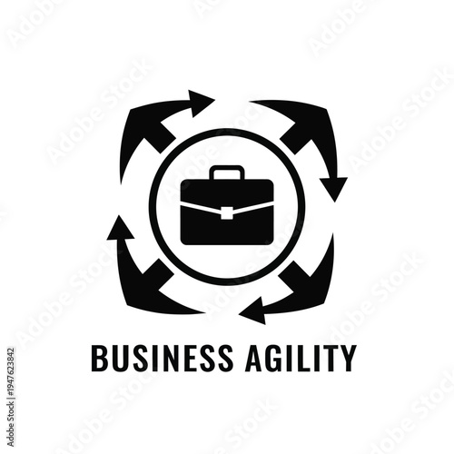 This graphic depicts a briefcase centered within a circular arrangement of arrows symbolizing business agility and dynamic processes high quality professional detailed modern elegant