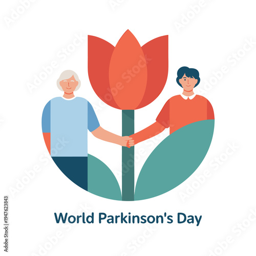 Illustration depicts two people holding hands within a tulip shape for parkinson s awareness